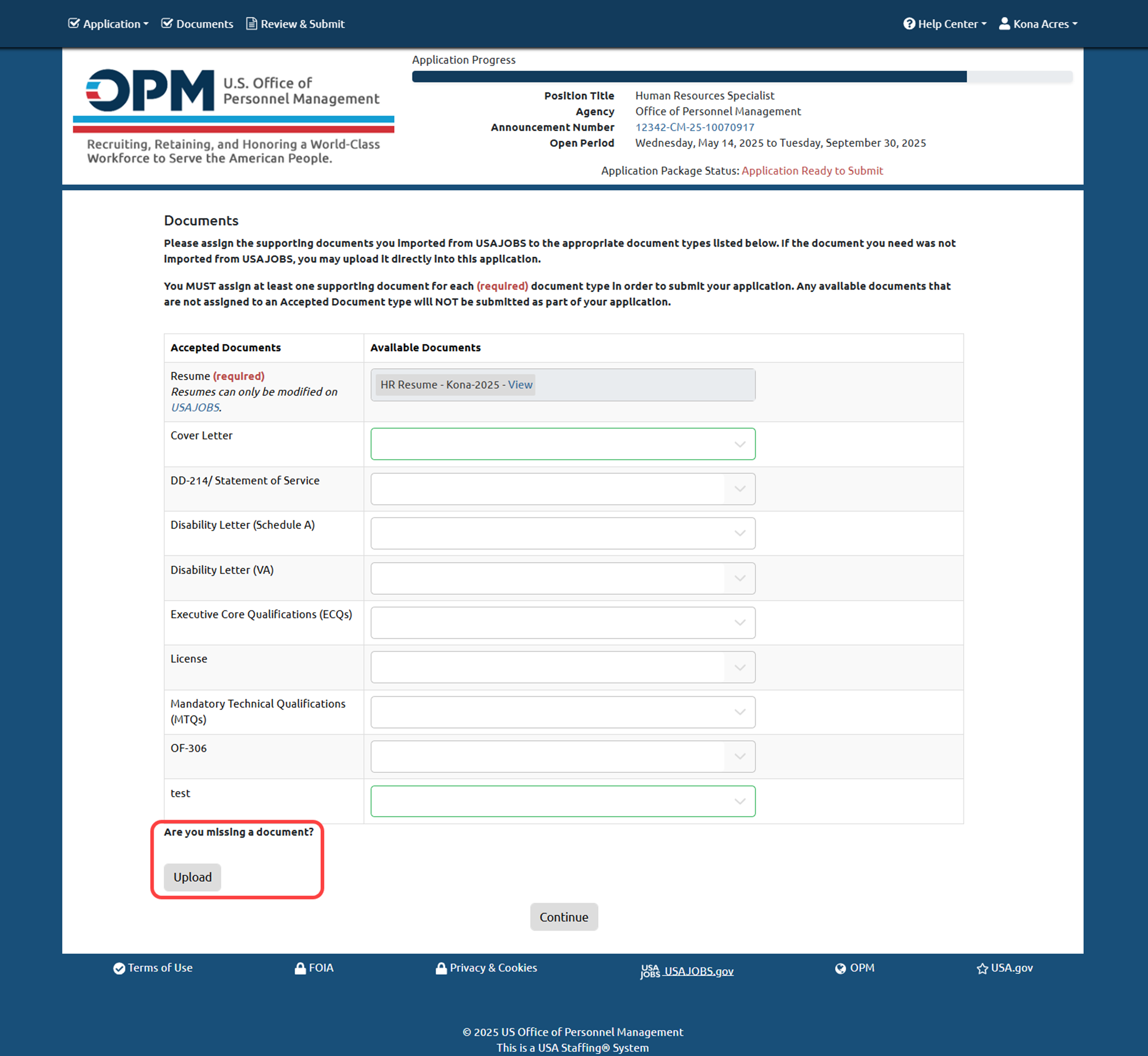 Documents upload page